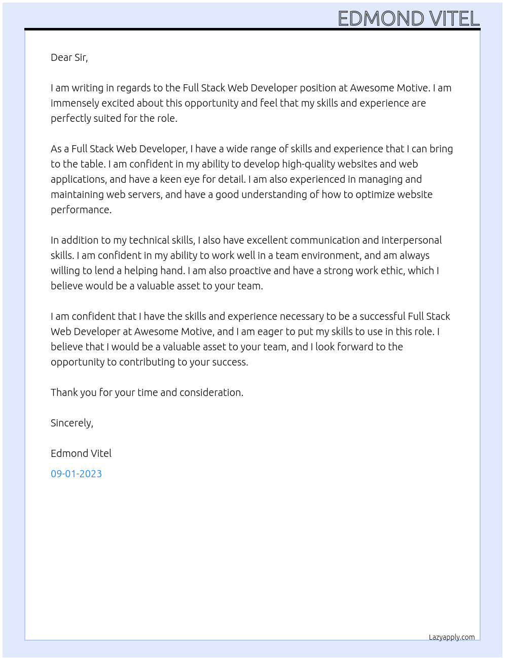 Full Stack Web Developer At Awesome Motive Cover Letter