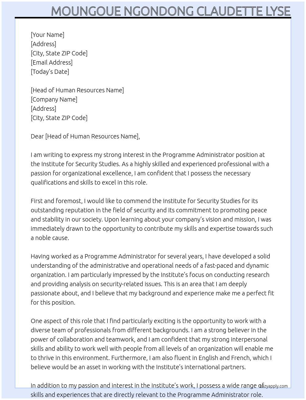 Programme Administrator At INSTITUTE FOR SECURITY STUDIES Cover Letter