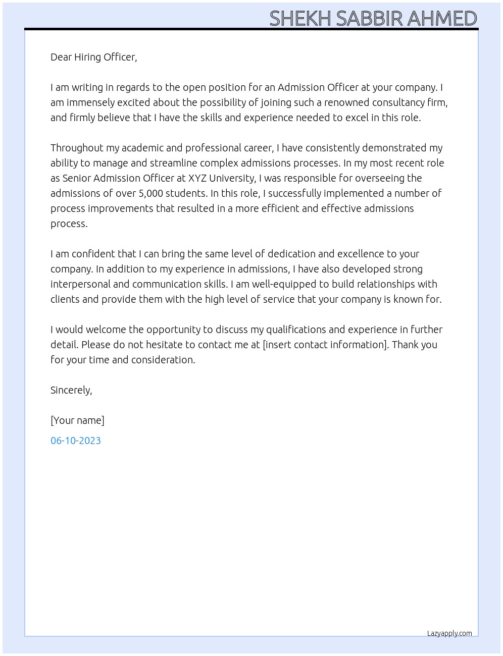 Admission Officer At Consultancy Company Cover Letter