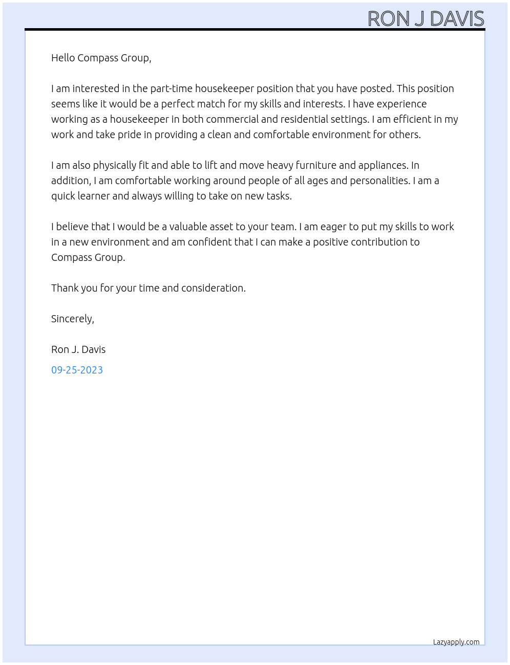 Housekeeper, part time At Compass Group Cover Letter