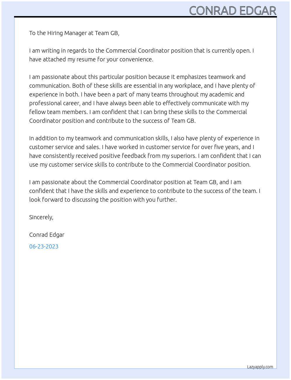 Commercial Coordinator At Team GB Cover Letter