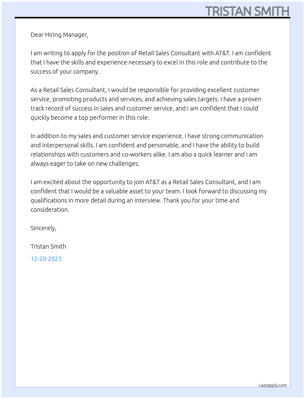 Retail Sales Consultant At AT&T Cover Letter