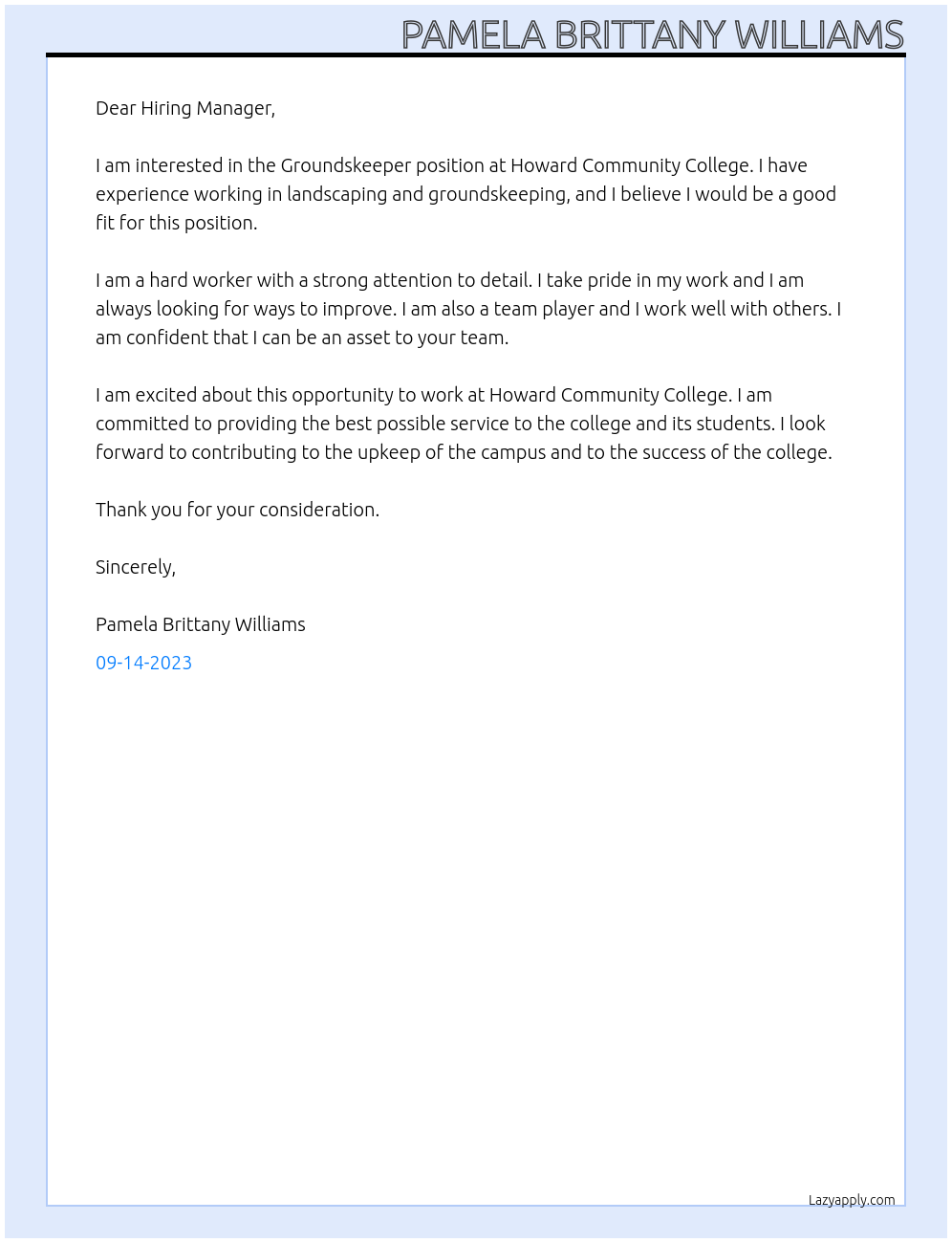 Groundskeeper At Howard Community College Cover Letter