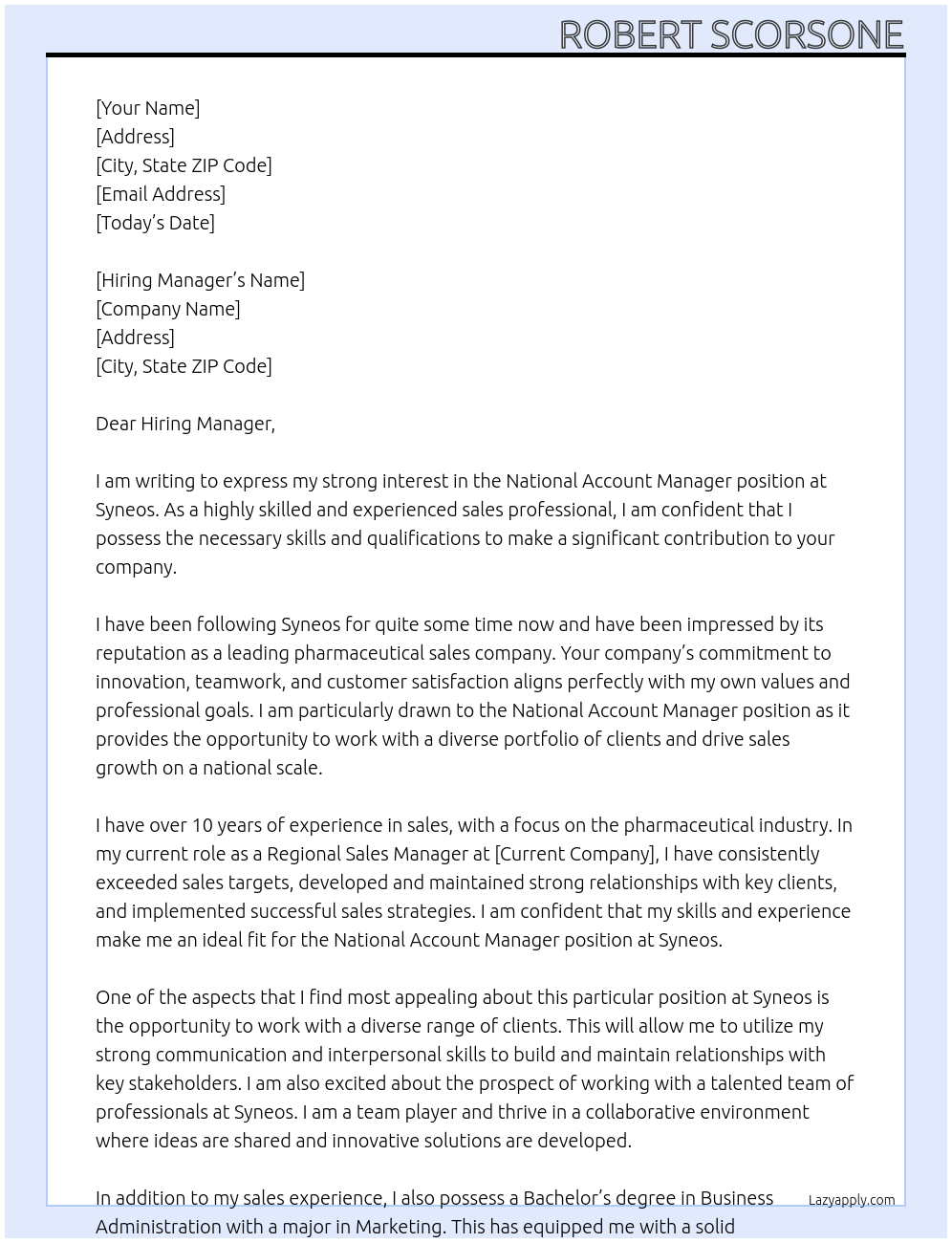 National Account Manager At Syneos Cover Letter