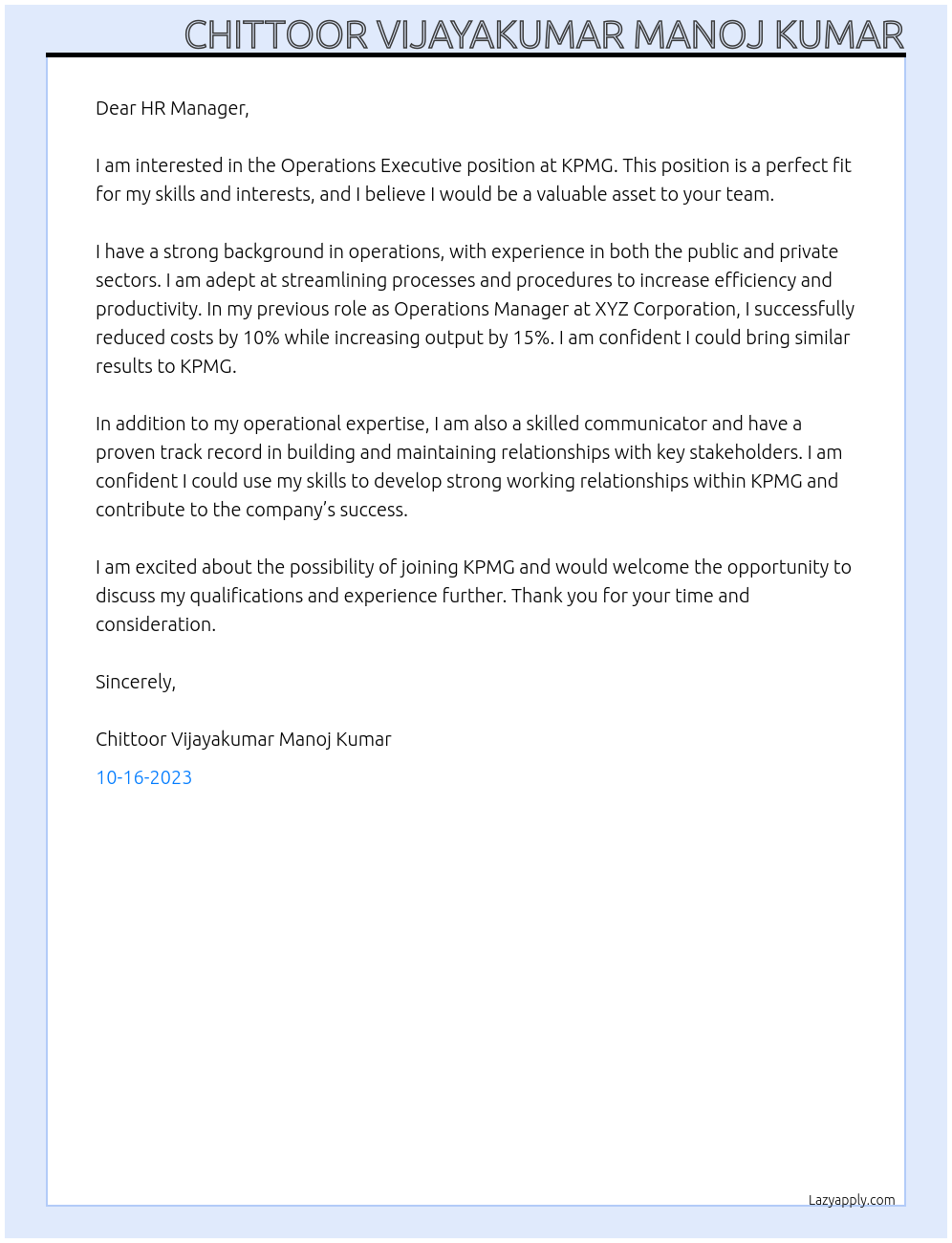 Operations Executive At KPMG Cover Letter