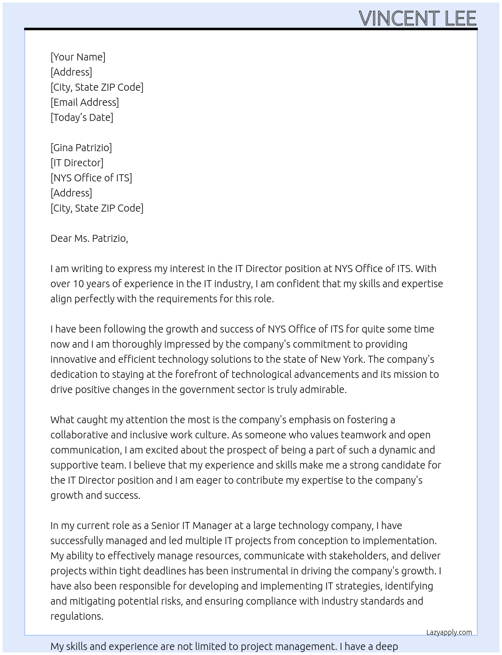 IT Director At NYS Office of ITS Cover Letter