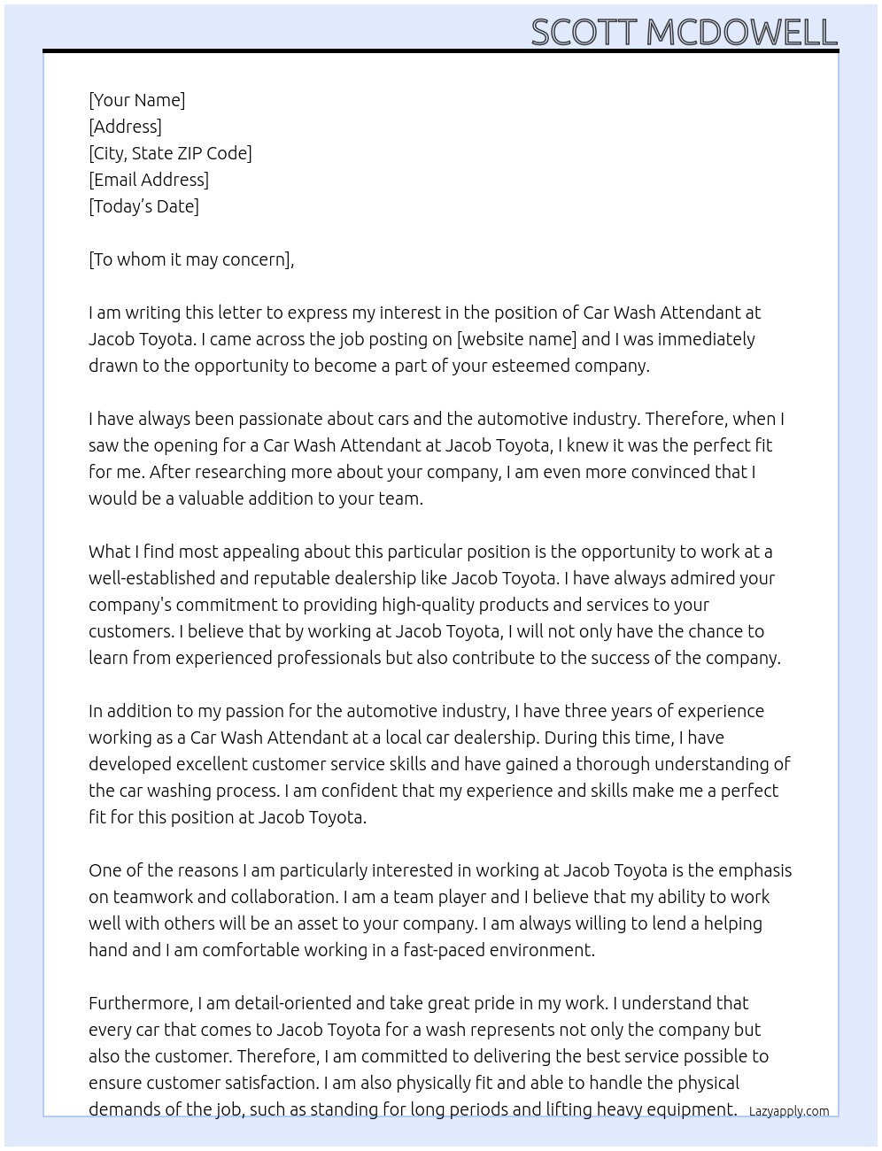Car Wash Attendant At Jacob Toyota Cover Letter