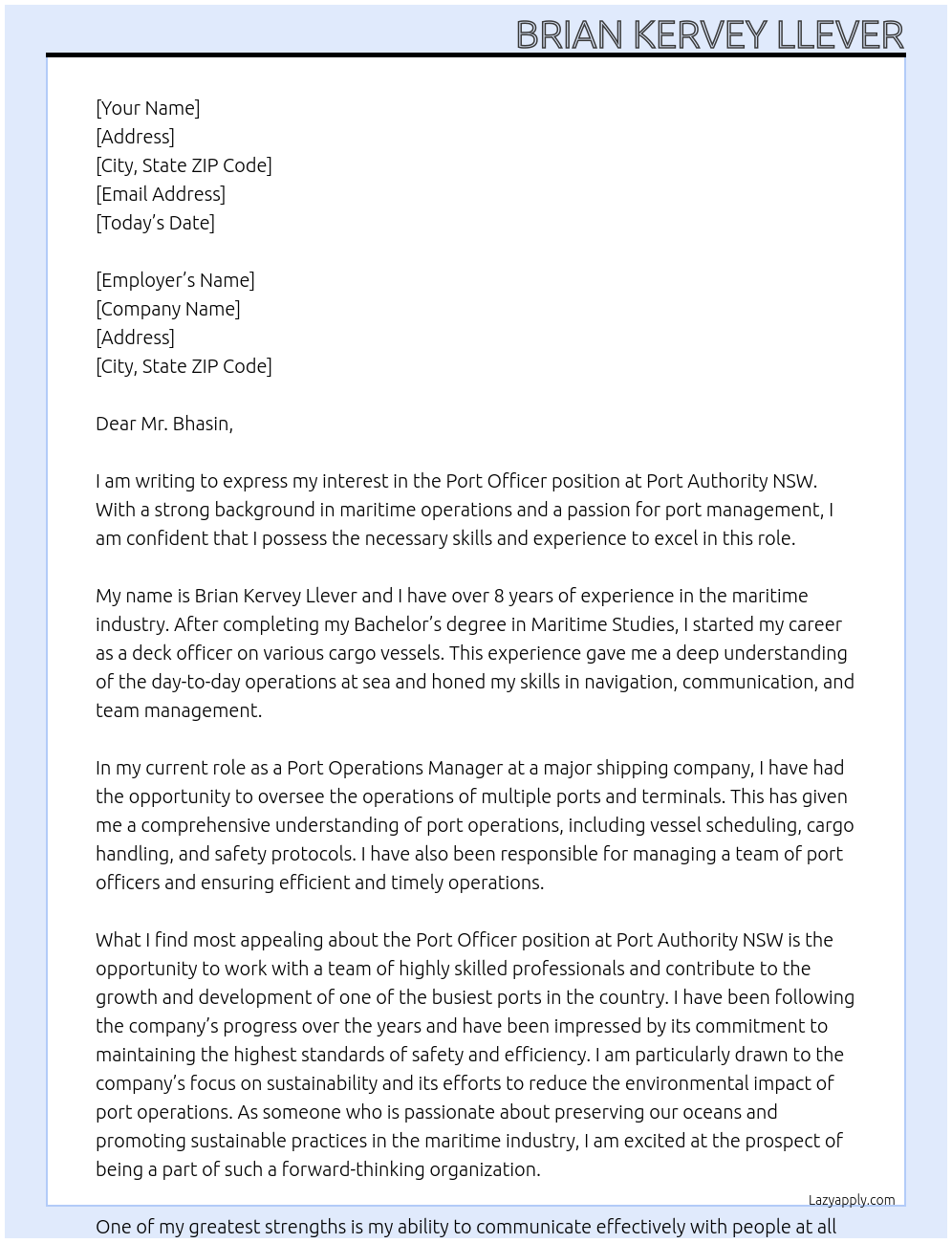 Port officer At Port Authority NSW Cover Letter