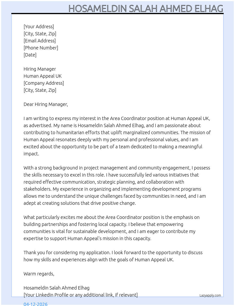 Area Coordinator At Human Appeal UK Cover Letter