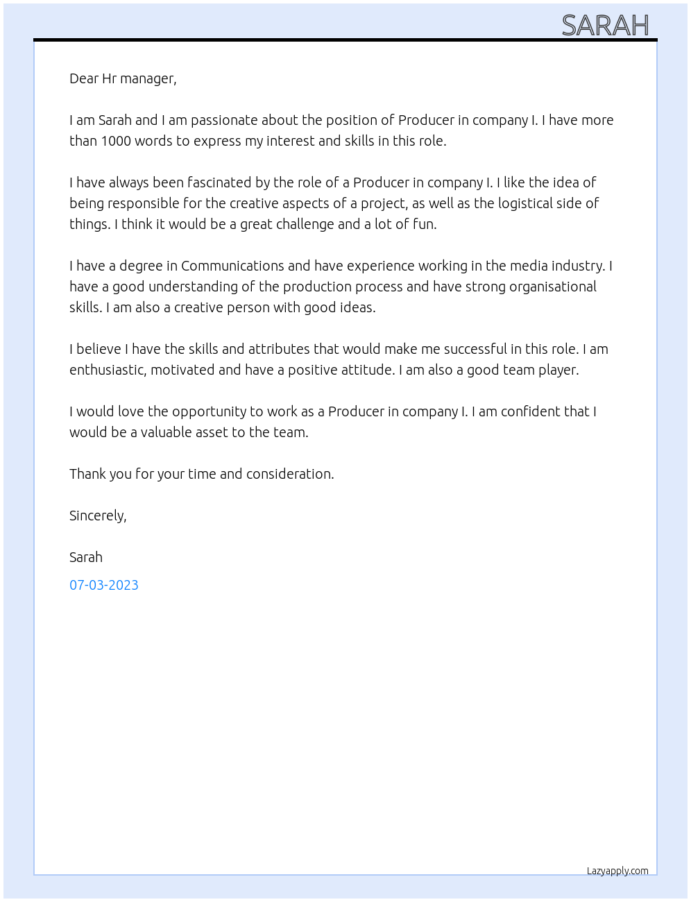 Producer  At I Cover Letter