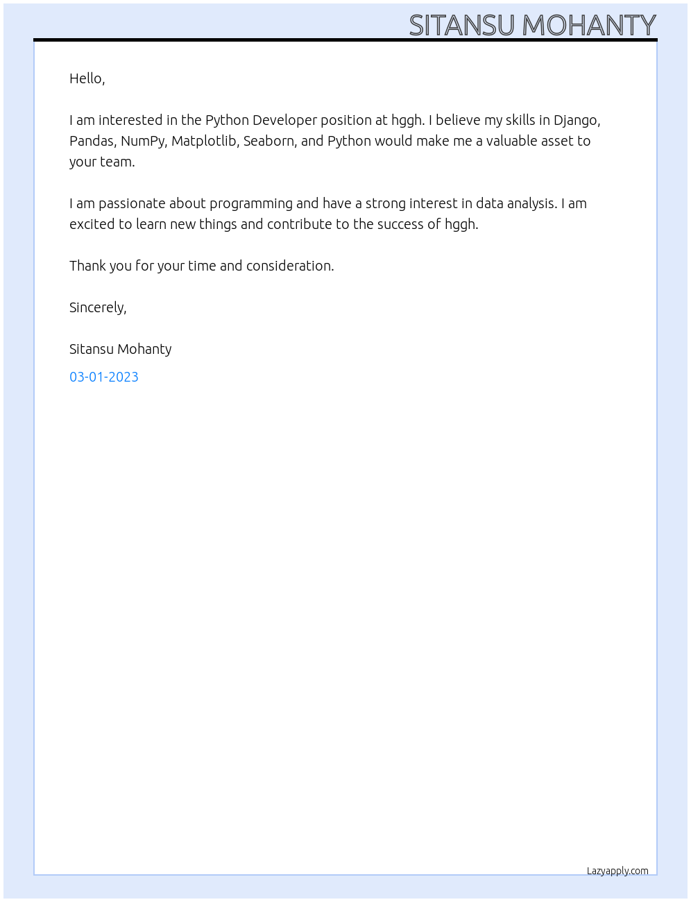 Python Developer At hggh Cover Letter