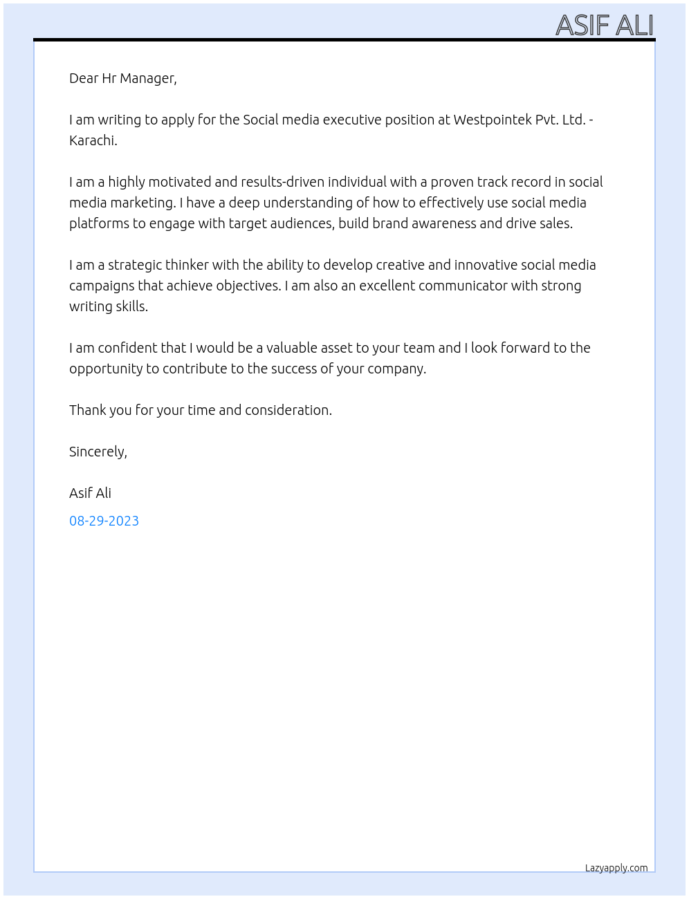 Social media executive At Westpointek Pvt. Ltd. - Karachi Cover Letter