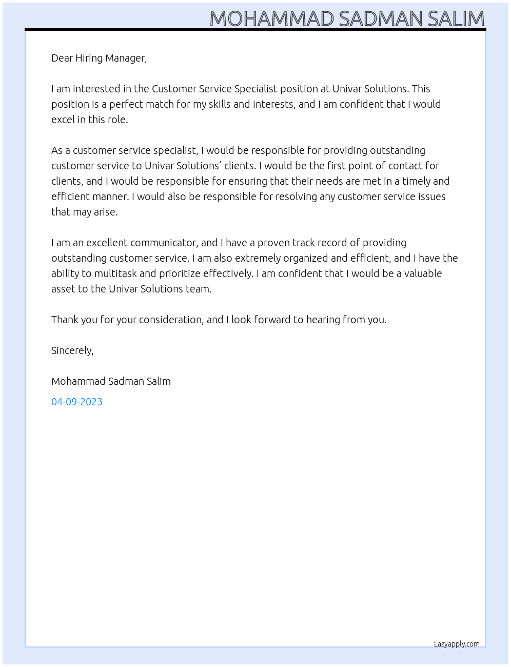 Customer Service Specialist At Univar Solutions Cover Letter