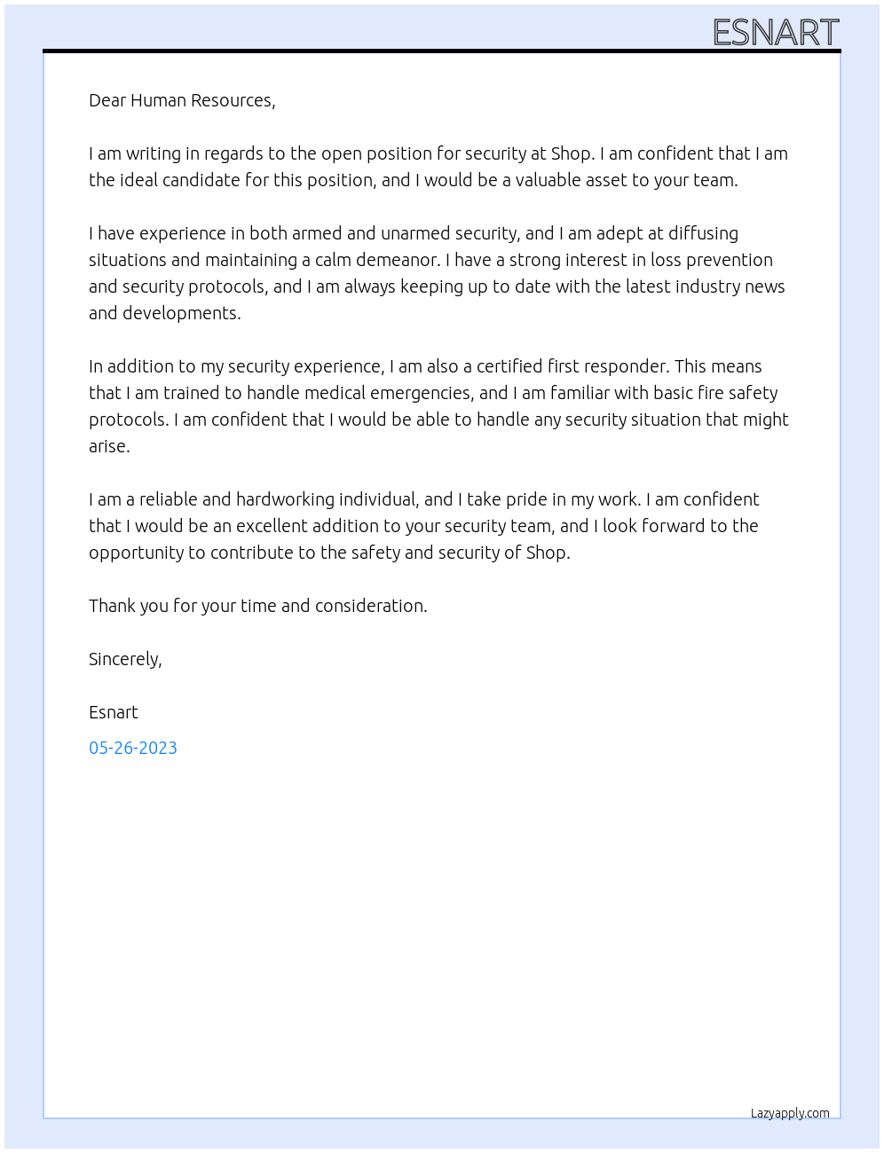 Security  At Shop Cover Letter