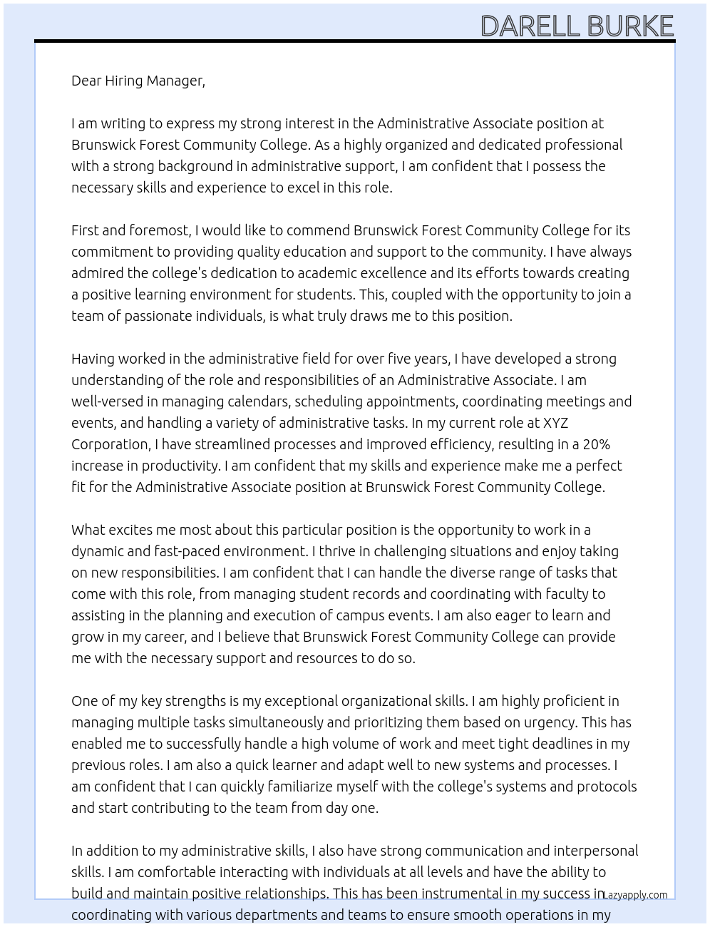 Administrative Associate At Brunswick Forest Community College Cover Letter