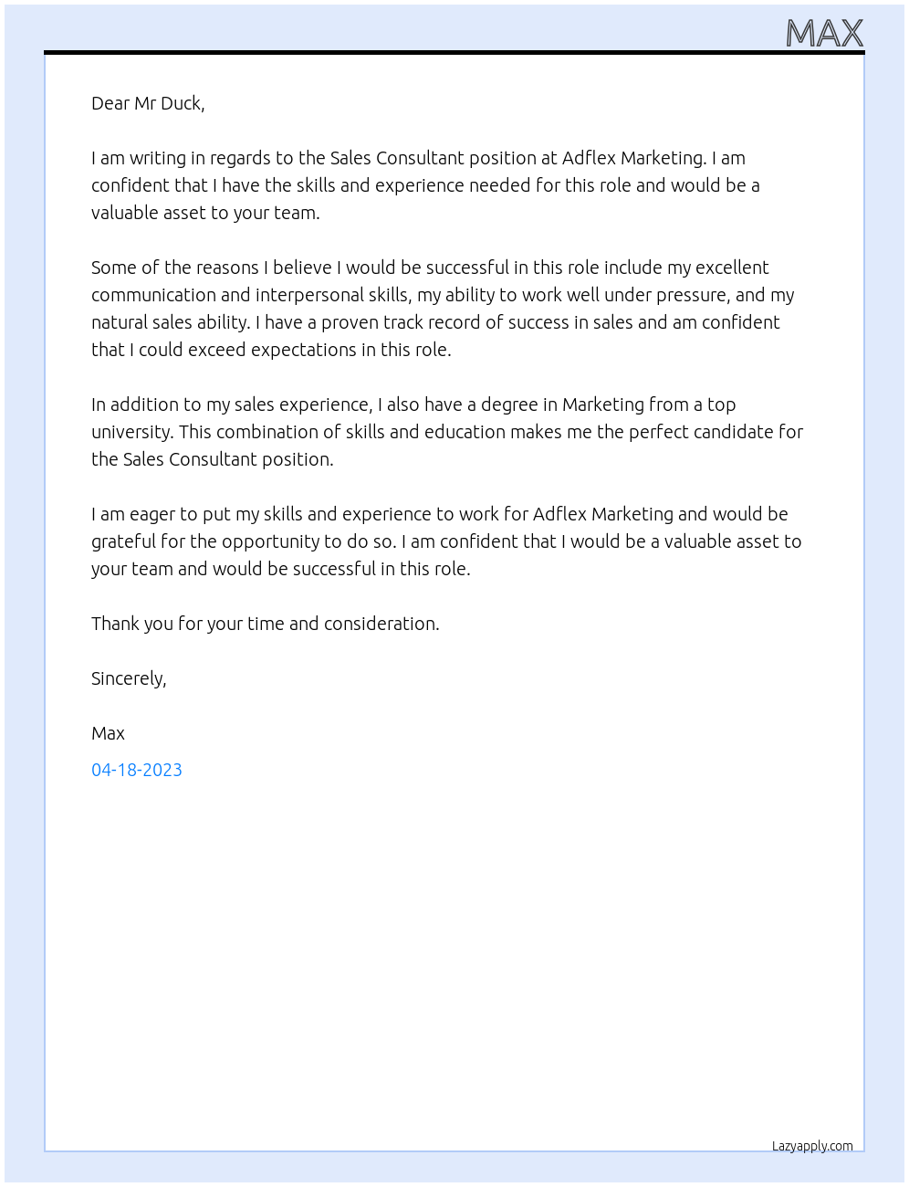 Sales Consultant At Adflex Marketing Cover Letter