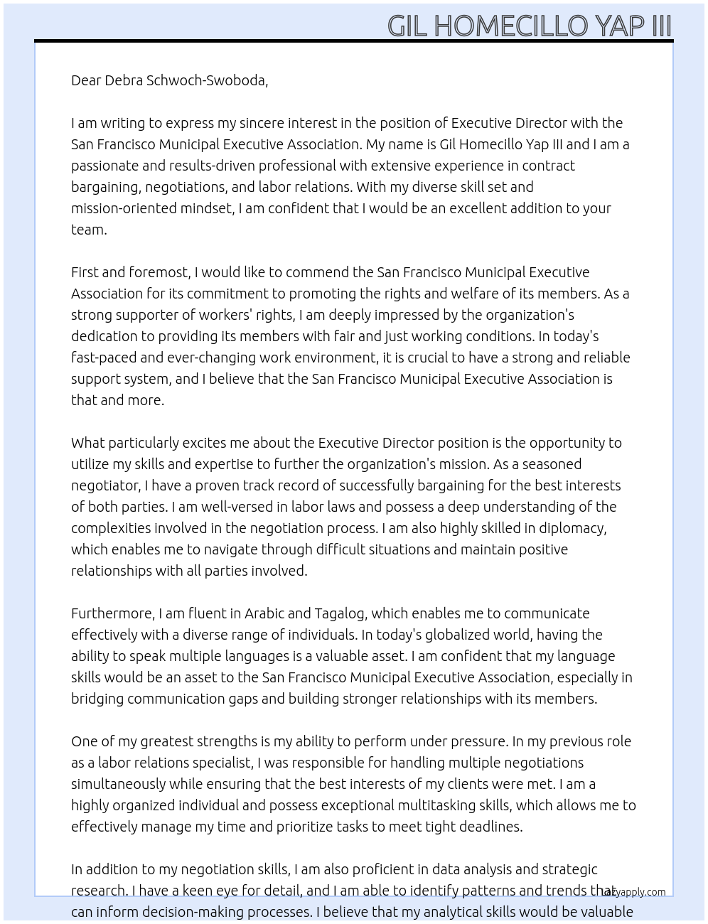 Executive Director At San Francisco Municipal Executive Association Cover Letter