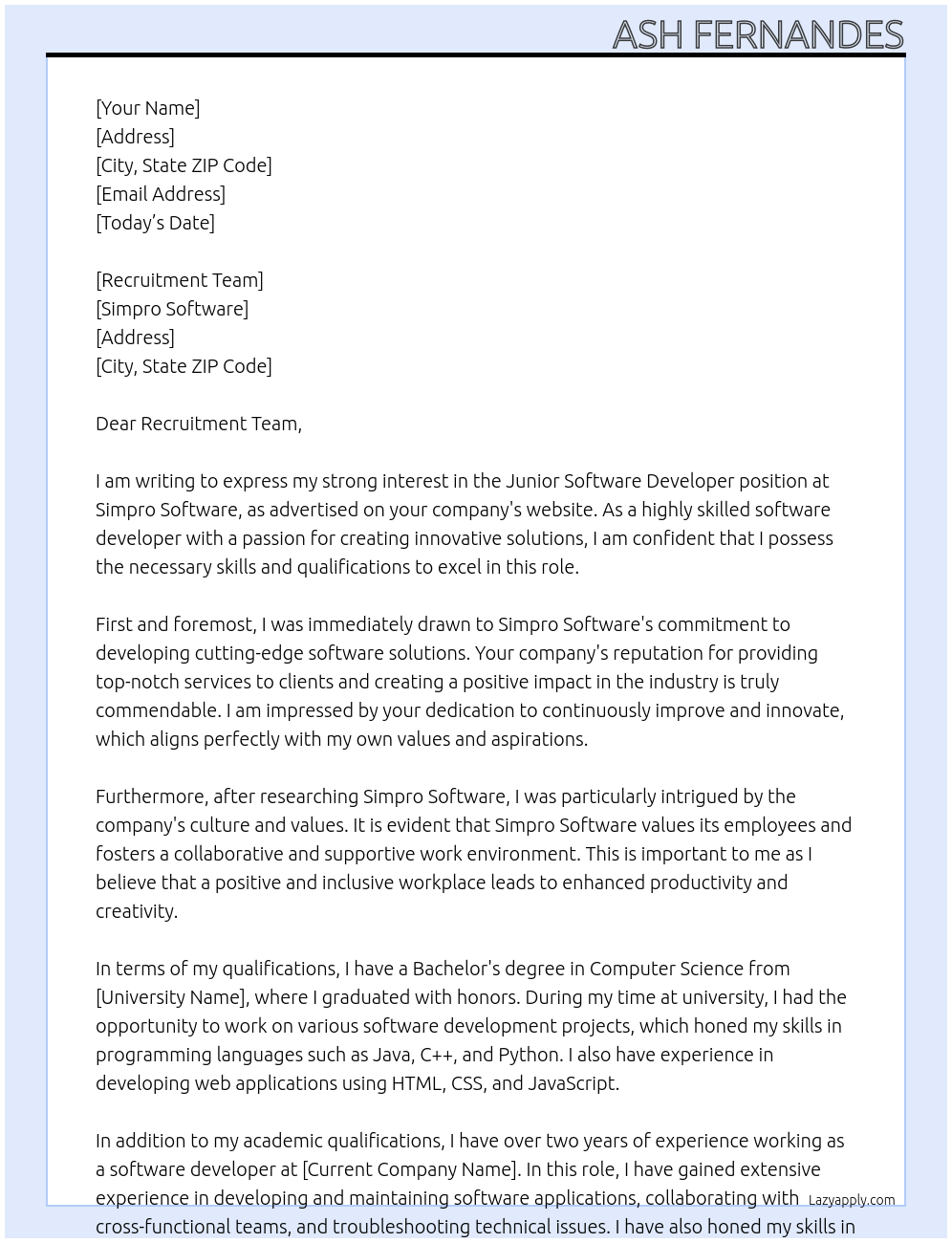 Junior Software Developer At Simpro Software Cover Letter