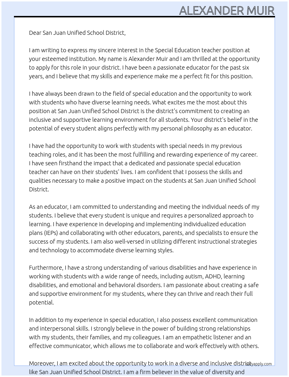 Special Education teacher At San Juan Unified School District Cover Letter