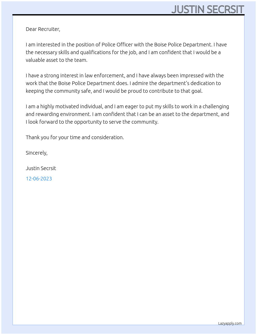 Police Officer At Boise Police Department Cover Letter
