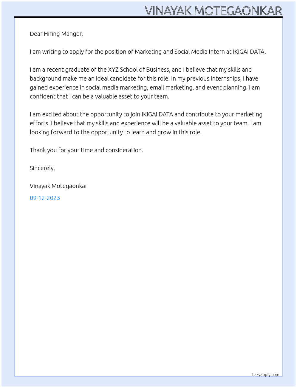 Marketing and Social Media Intern At IKiGAi DATA Cover Letter