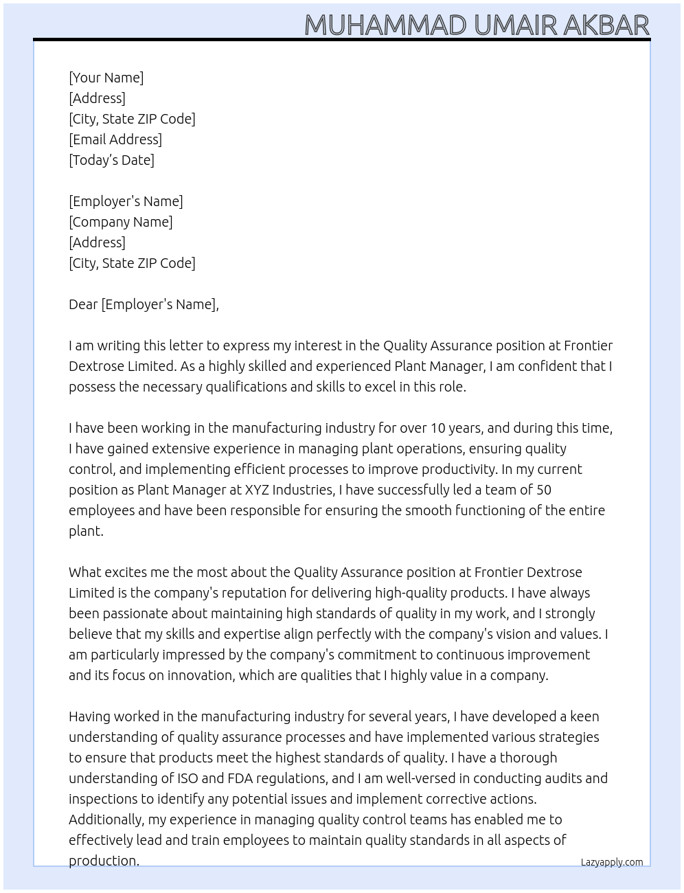 Quality Assurance At Frontier Dextrose Limited Cover Letter