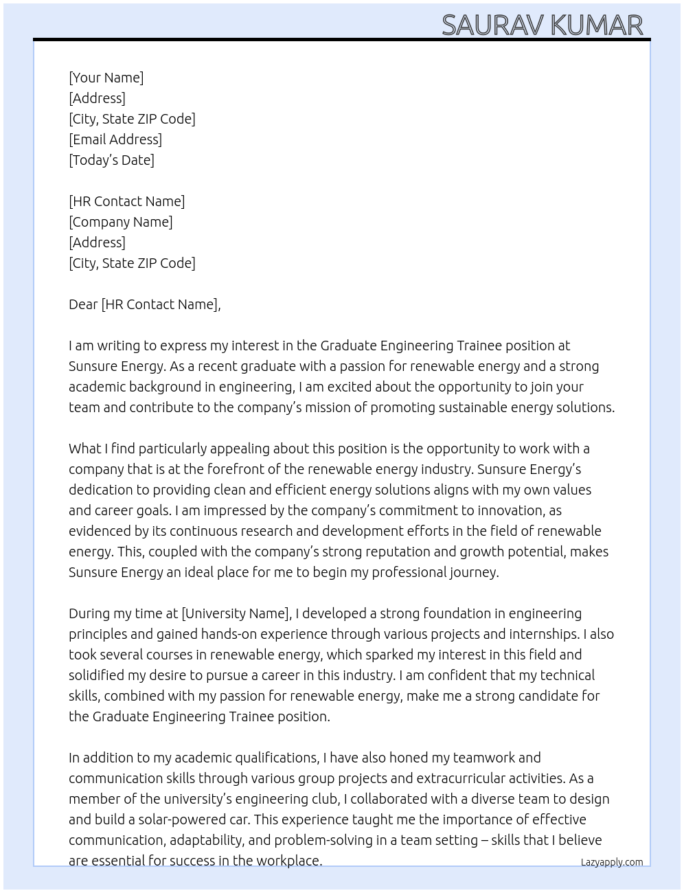 GRADUATE ENGINEERING TRAINEE At SUNSURE ENERGY Cover Letter