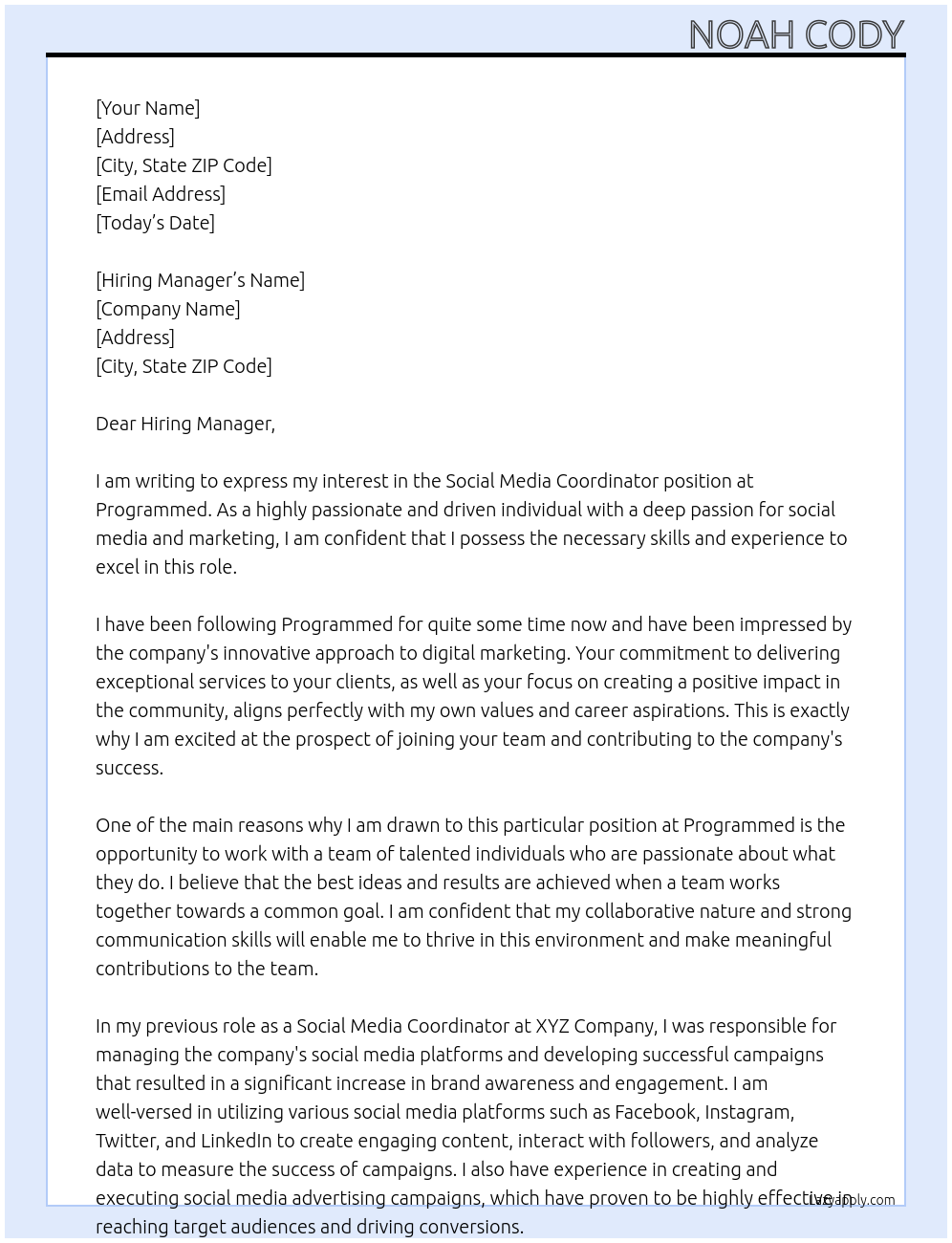 Social Media Coordinator At Programmed Cover Letter