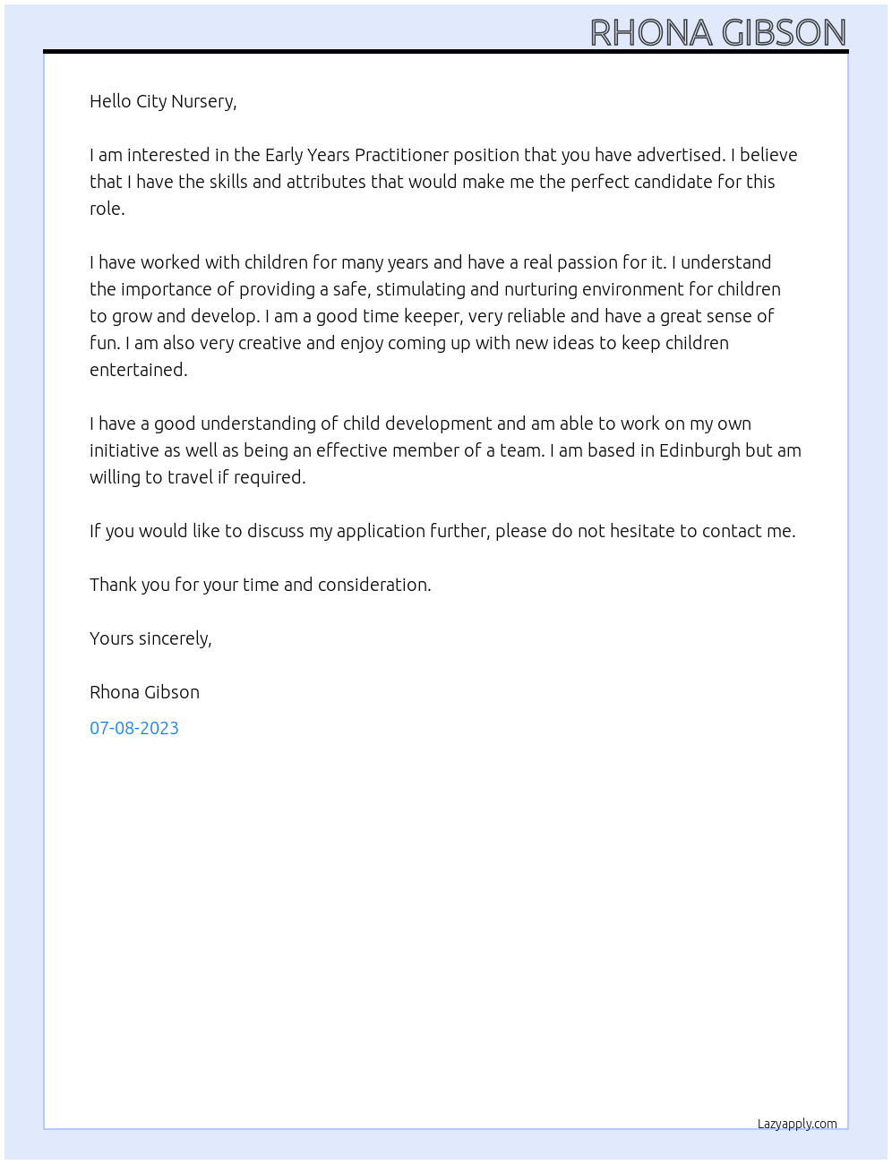 Early years practitioner  At City nursery  Cover Letter