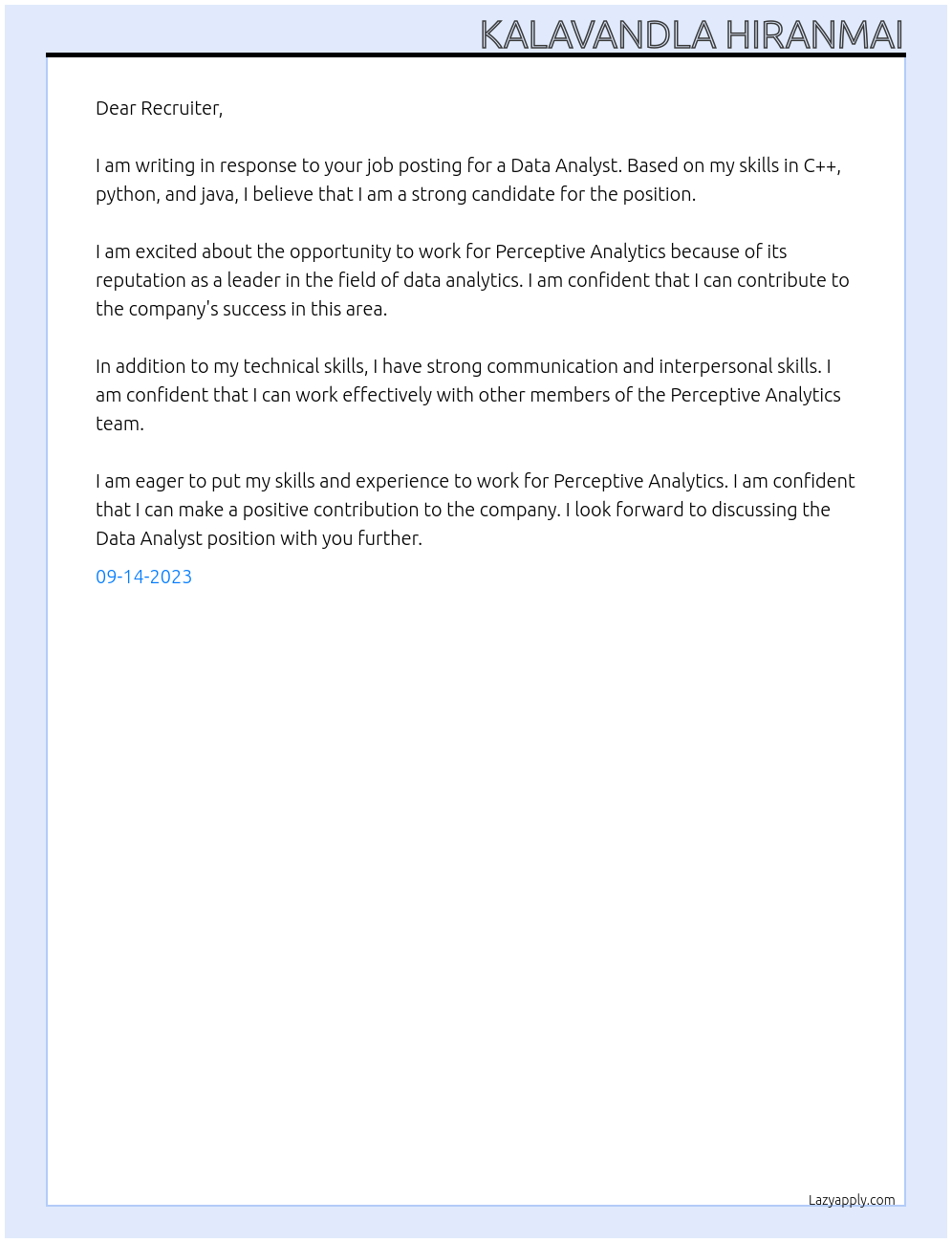 Data Analyst At Perceptive Analytics Cover Letter