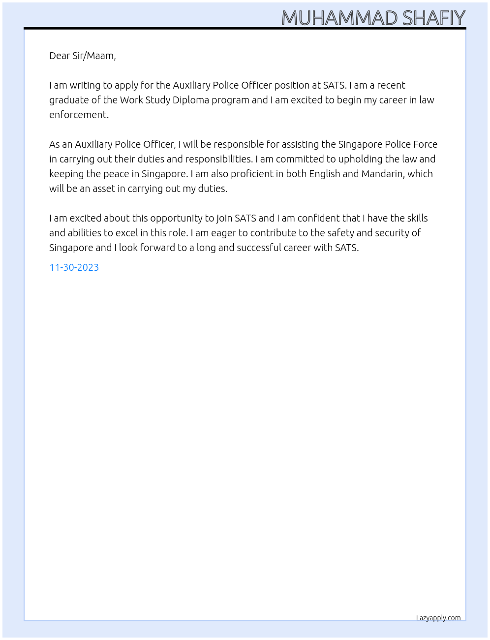 Auxiliary Police Officer At SATS Cover Letter