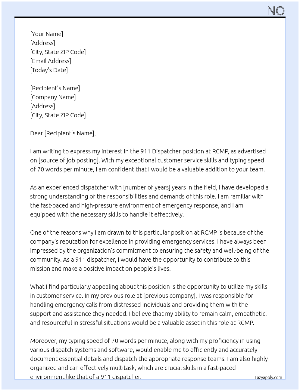 911 dispatcher At RCMP Cover Letter