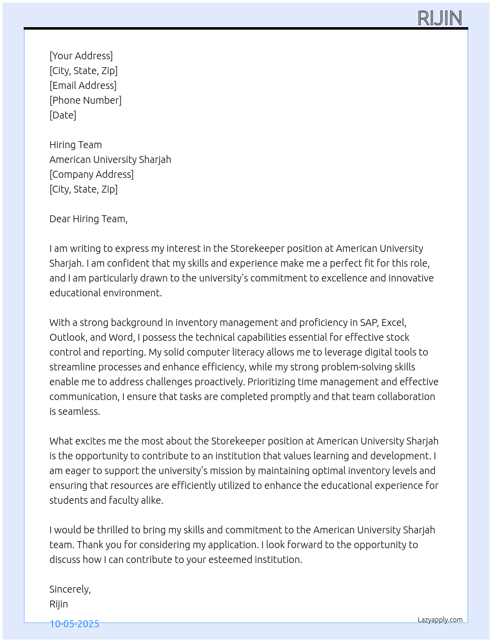 Storekeeper  At American University Sharjah  Cover Letter