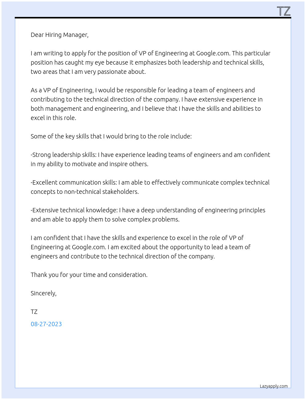 Vp of Engineering At google.com Cover Letter