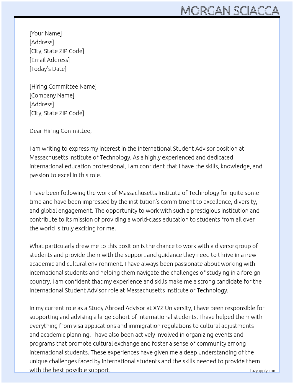 International Student Advisor At Massachusetts Institute of Technology Cover Letter