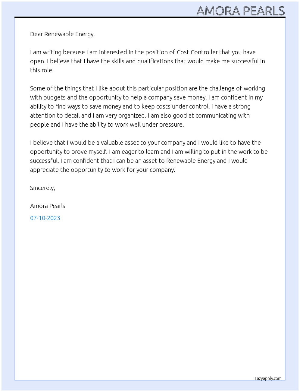 Cost Controller At Renewable energy Cover Letter