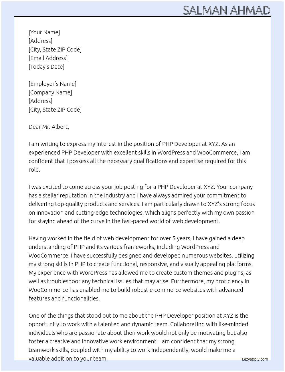 php developer At xyz Cover Letter