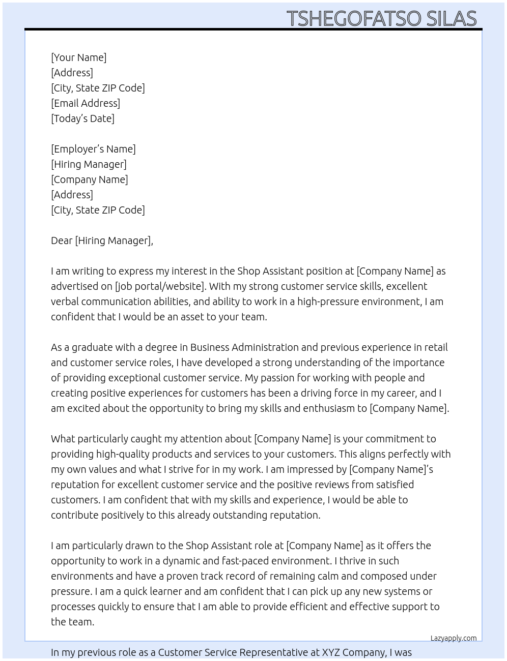 shop assistant At xxxx Cover Letter