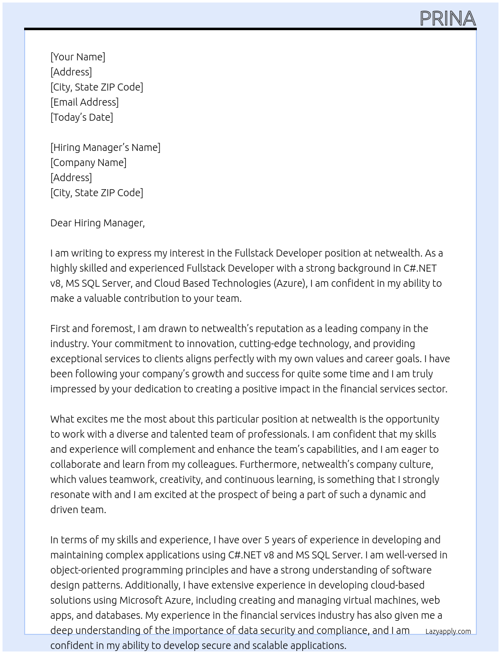 Fullstack Developer At netwealth Cover Letter