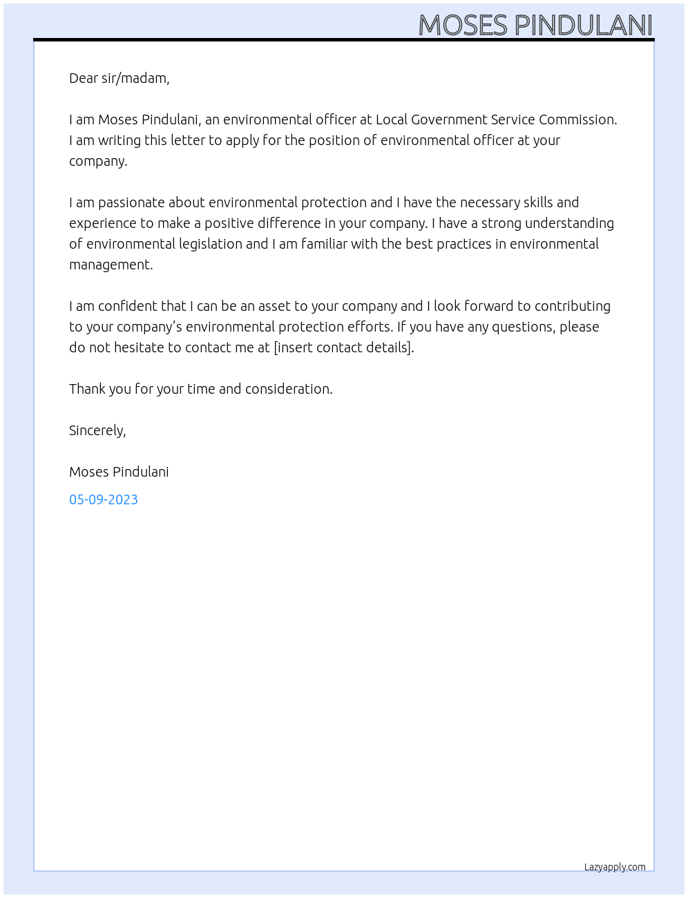 environmental officer At Local Government Service Commission Cover Letter
