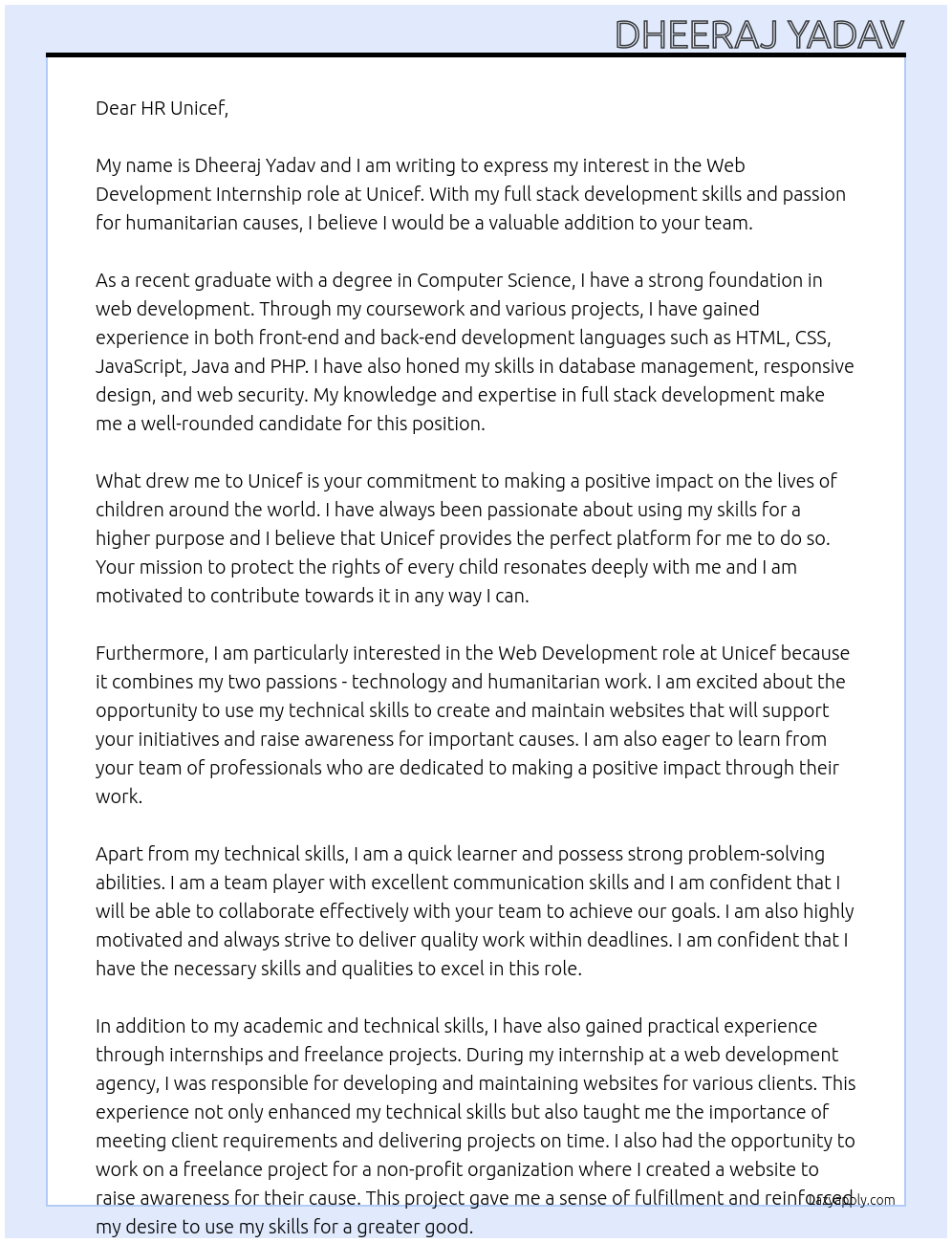 Web development At Unicef Cover Letter