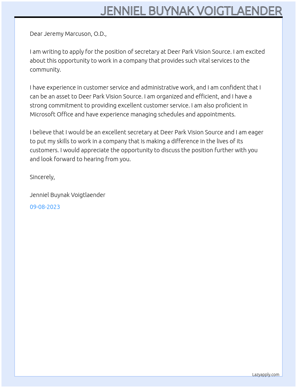 Secretary At Deer Park Vision Source Cover Letter