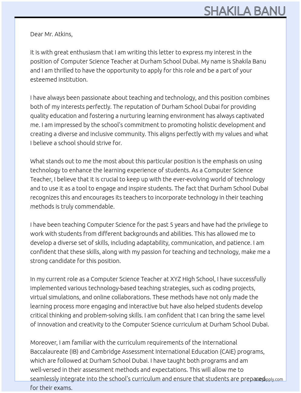 Computer Science Teacher At Durham School Dubai Cover Letter