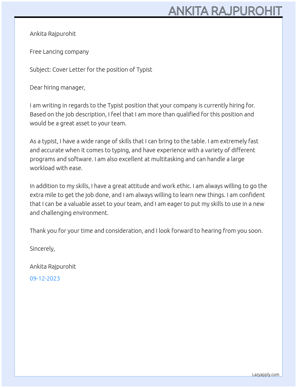 typist At free lancing company Cover Letter