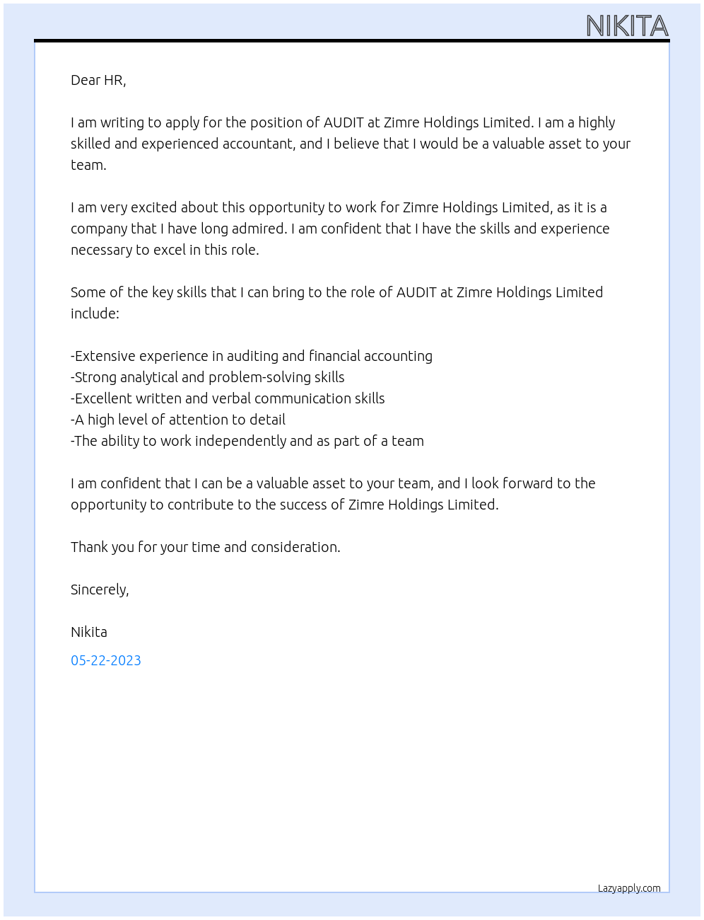 AUDIT At ZIMRE HOLDINGS LIMITED Cover Letter