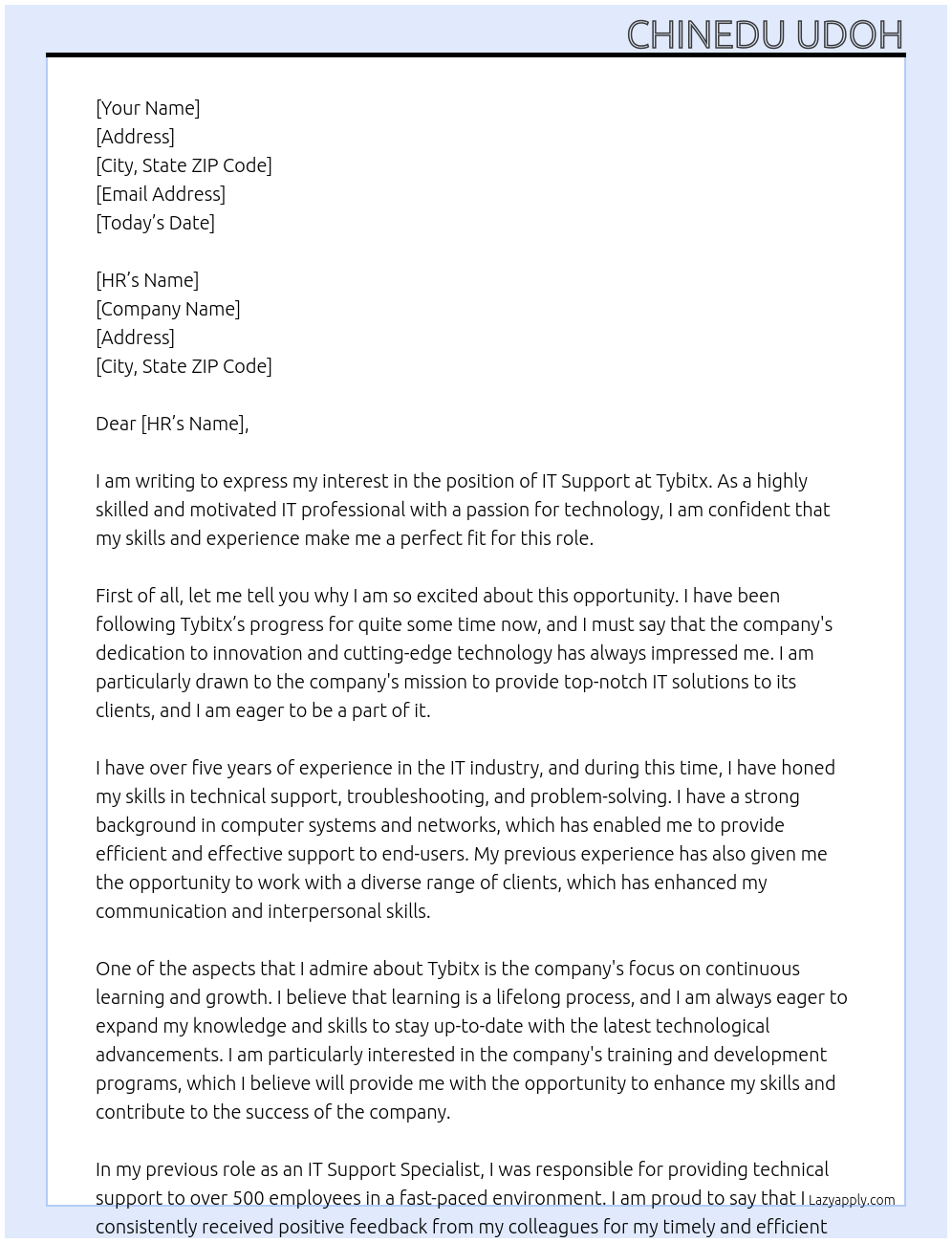 IT Support  At Tybitx Cover Letter