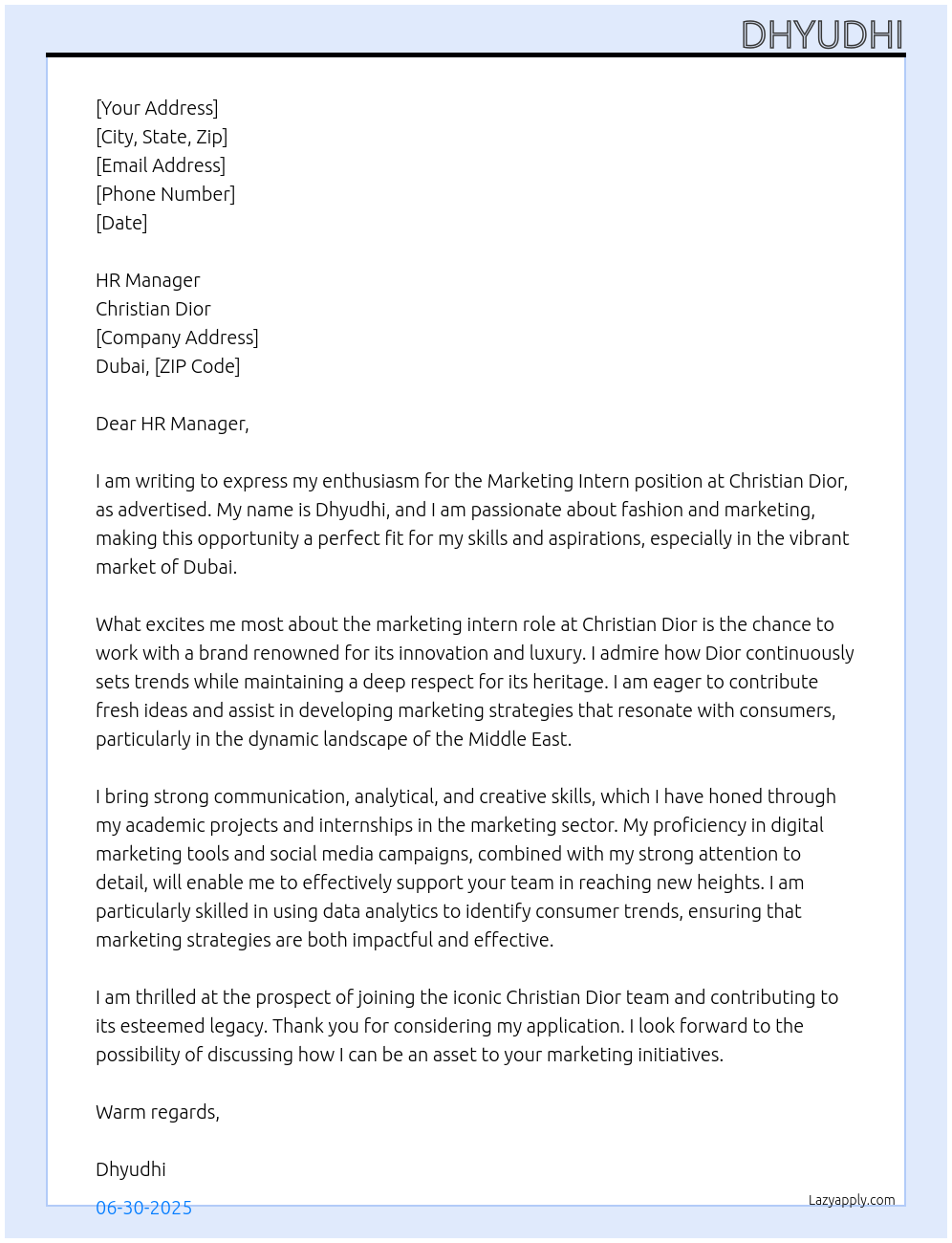 marketing intern At Christian Dior Cover Letter