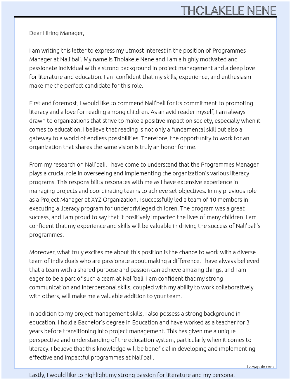 programmes manager  At Nali'bali Cover Letter