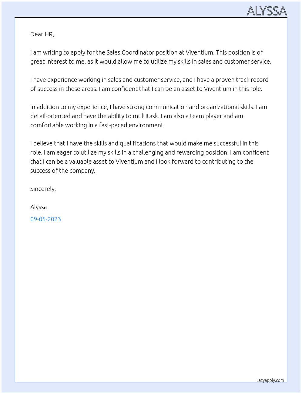 Sales Coordinator At viventium Cover Letter