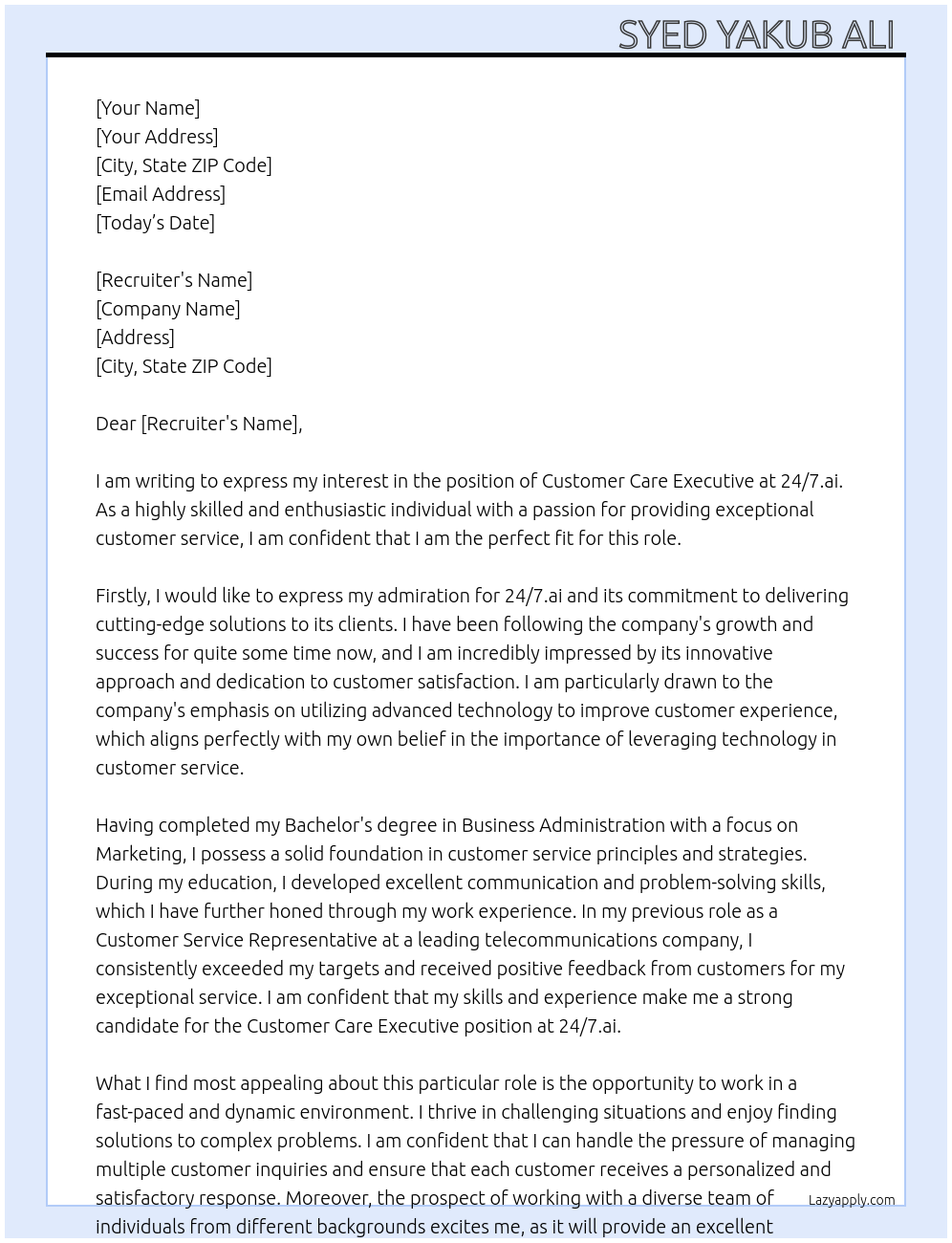 Customer care executive At 24/7.ai Cover Letter